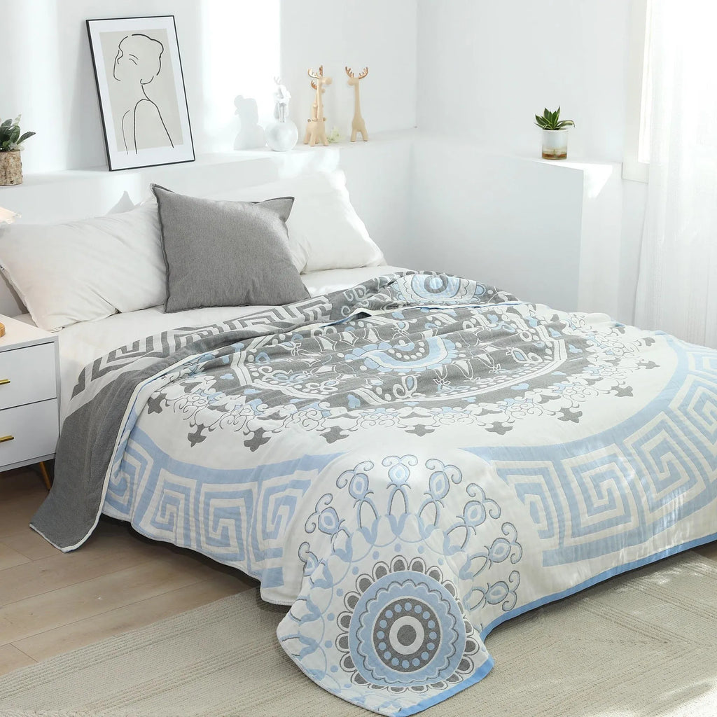 Pure cotton washed five layers towel blanket with plant flower pattern in blue, 150x200cm size