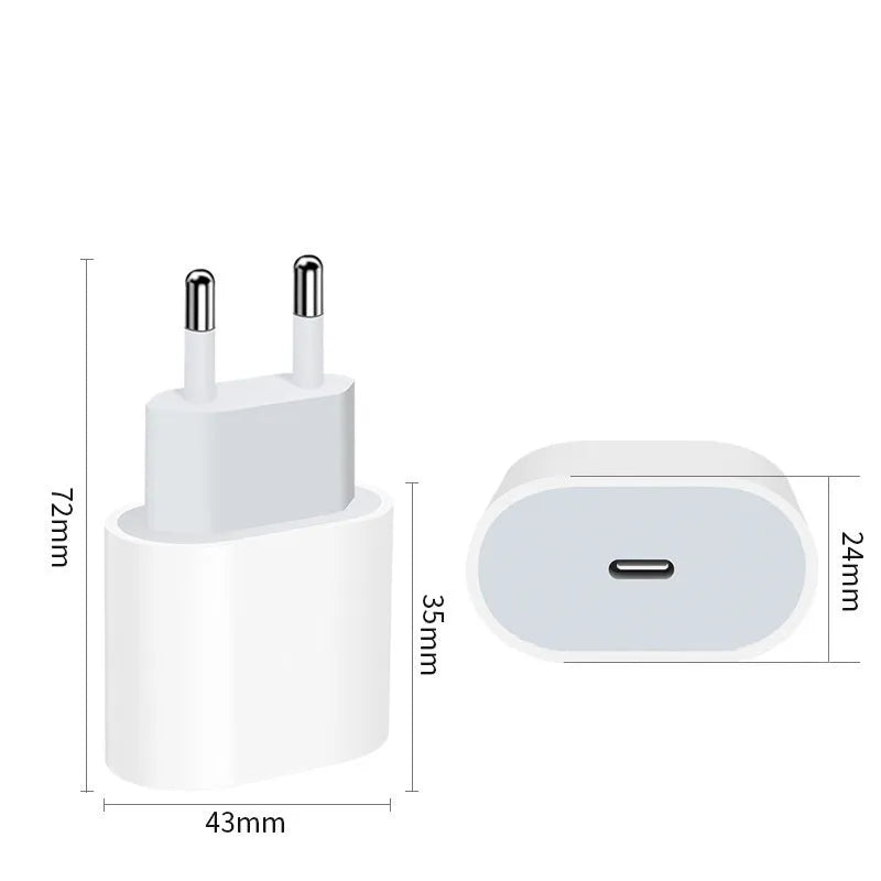 PD20W mobile phone charger with USB port and choice of American or European plug.