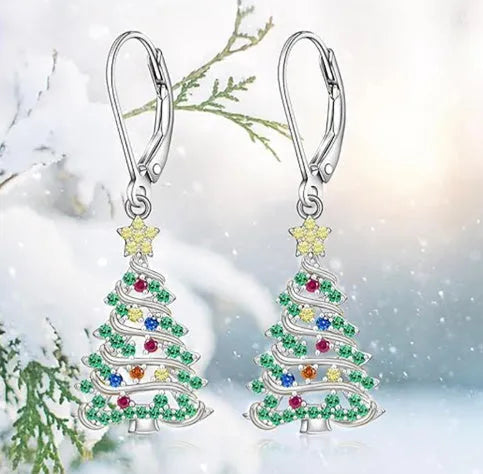 White gold colour Christmas tree earrings with star design elements for women