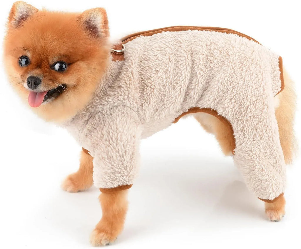 Green plush fleece dog jumpsuit coat with four legs and a back zipper, shown on a small dog.