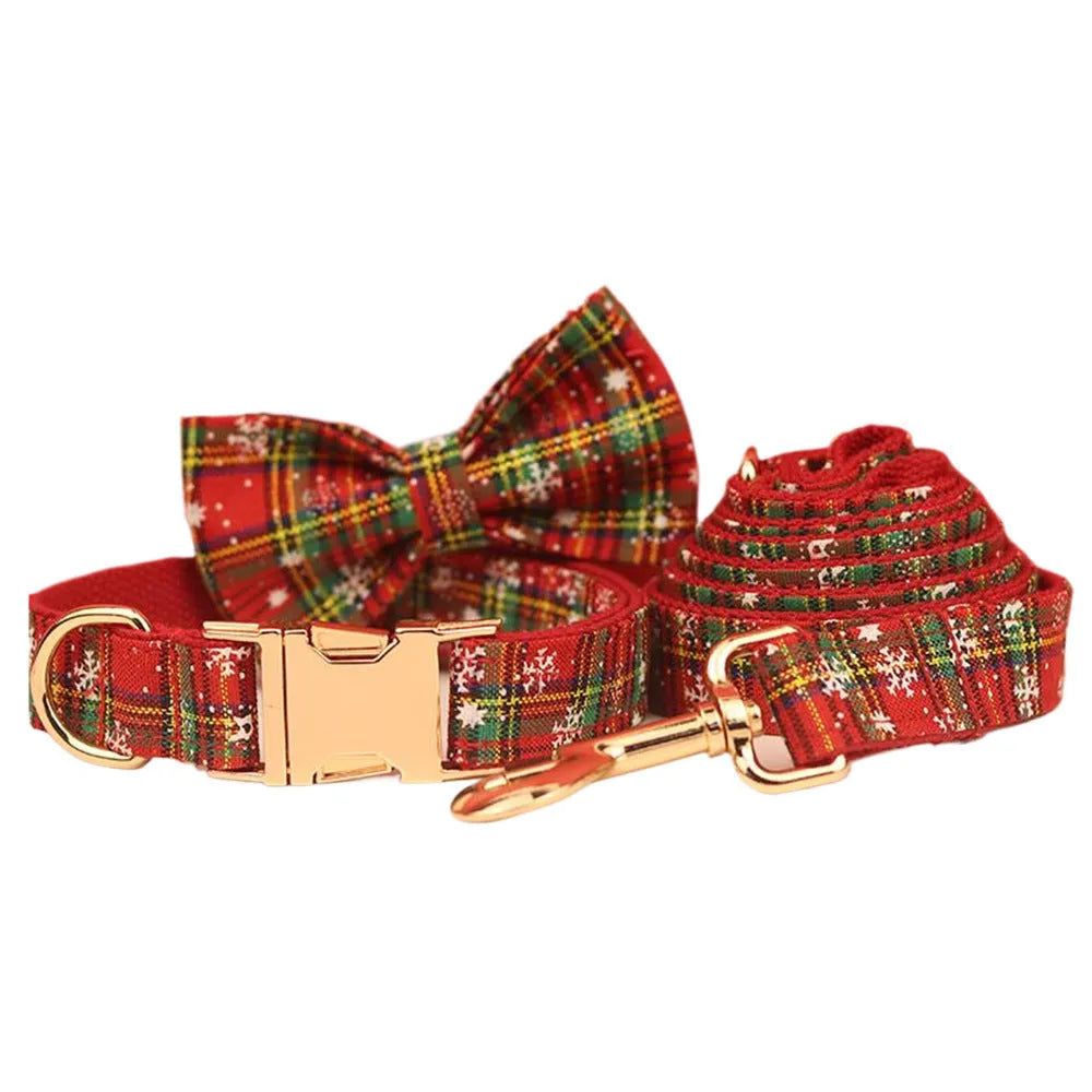 Red snowflake Christmas dog collar and leash set with plaid pattern four-piece holiday pet clothing