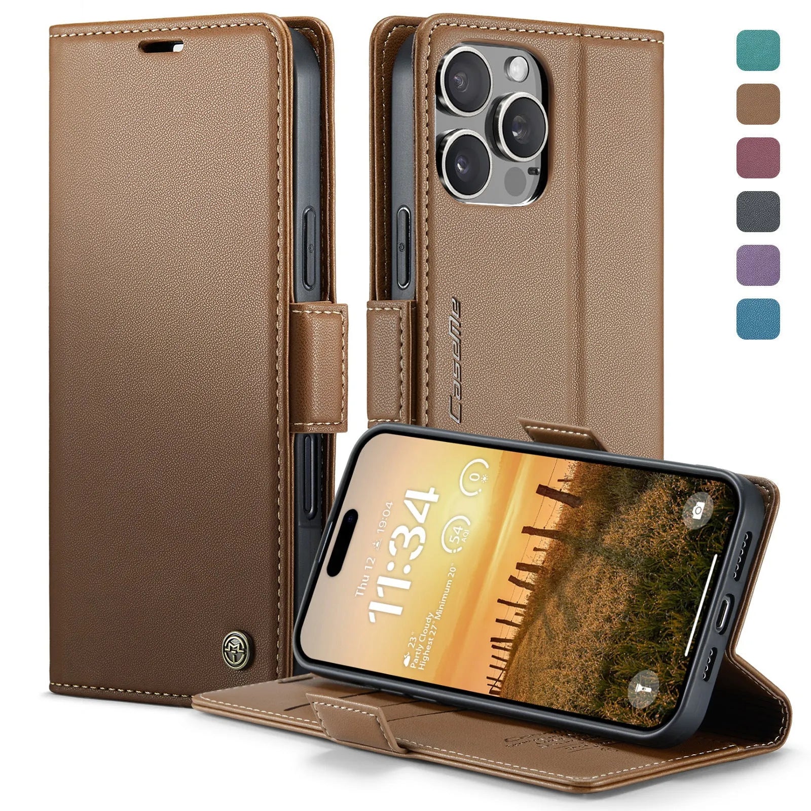 Black anti-theft TPU leather phone case with card slot and kickstand for iPhone model