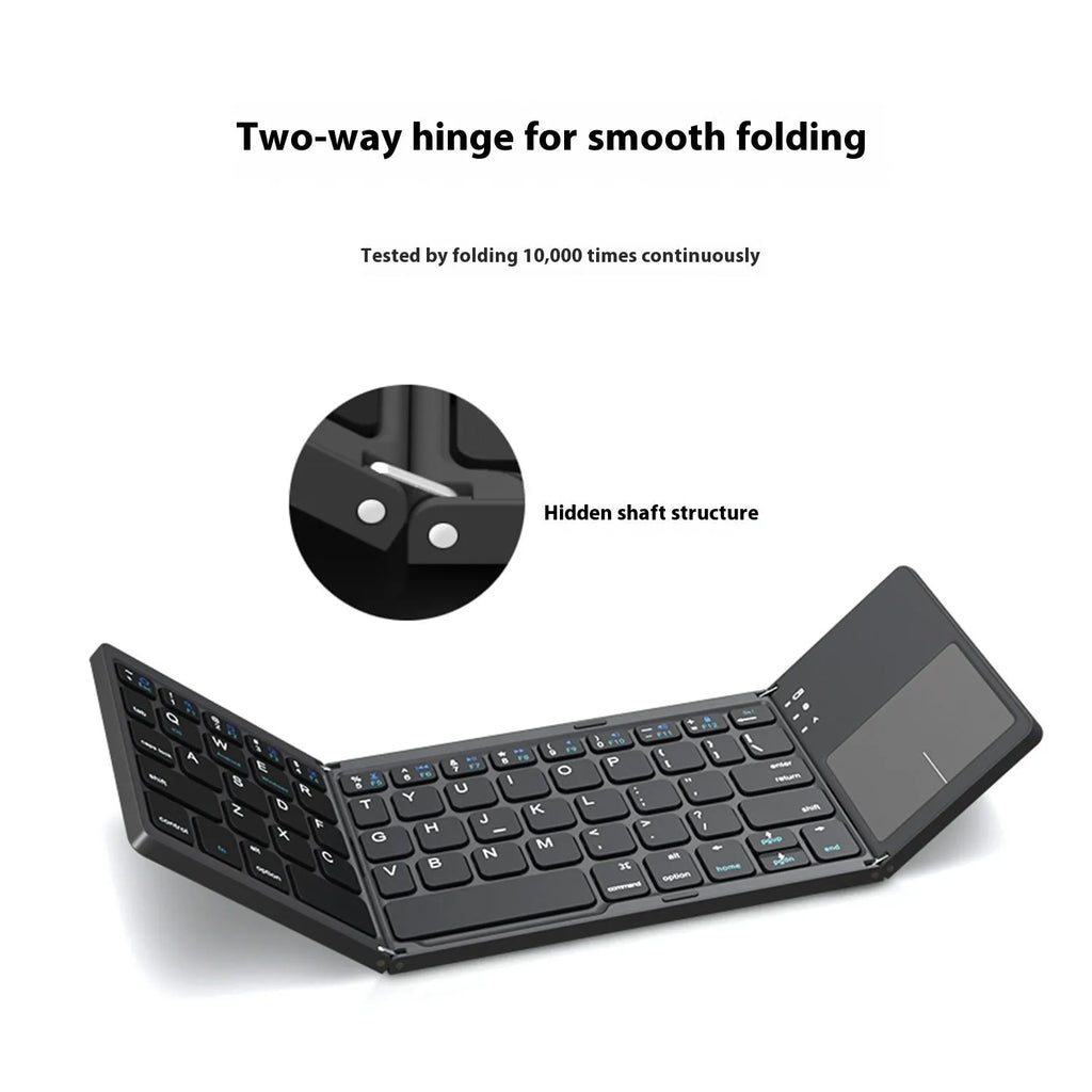 Mini tri-fold Bluetooth keyboard shown unfolded and folded, in black and silver colours