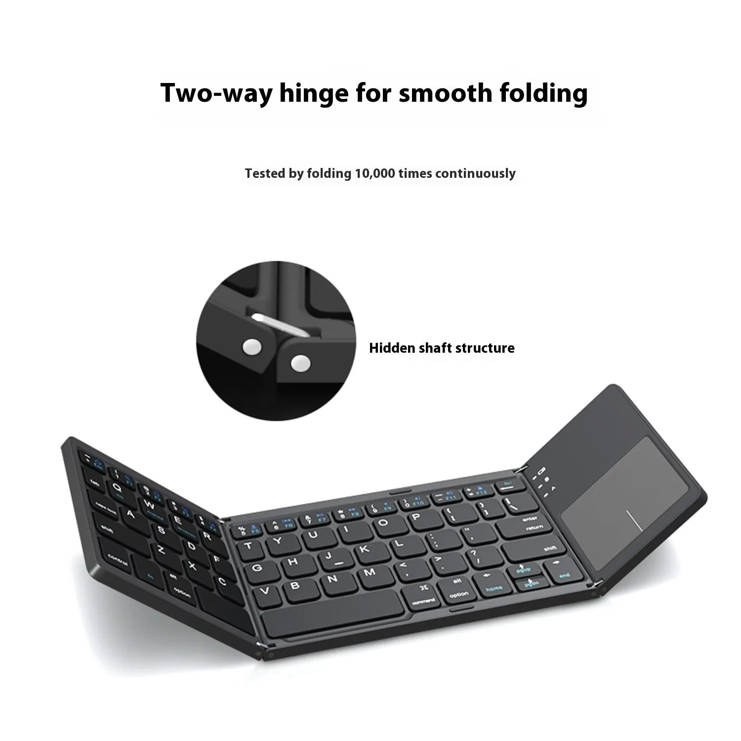 Mini tri-fold Bluetooth keyboard shown unfolded and folded, in black and silver colours