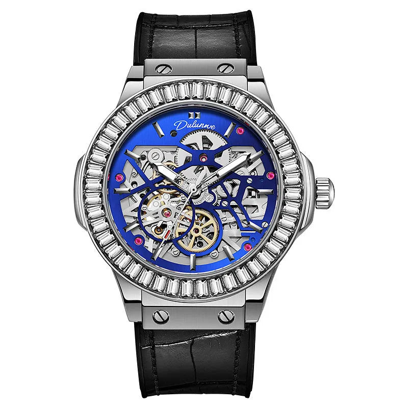 Men's automatic skeleton watch with diamond accents on dial, stainless steel case, leather strap.