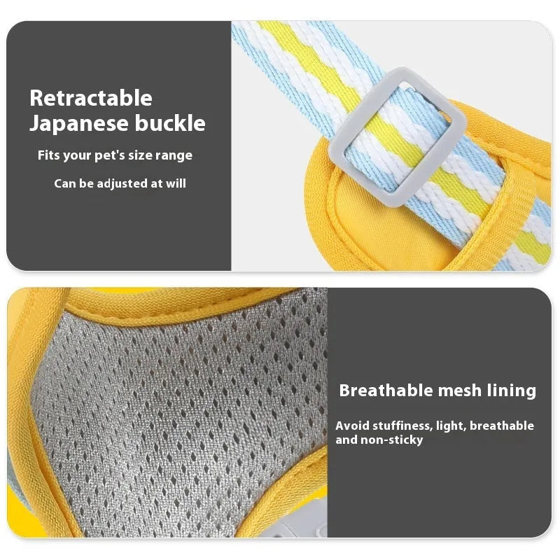 Explosion-proof anti-strangulation pet chest harness and rope in green, blue, pink, or yellow.