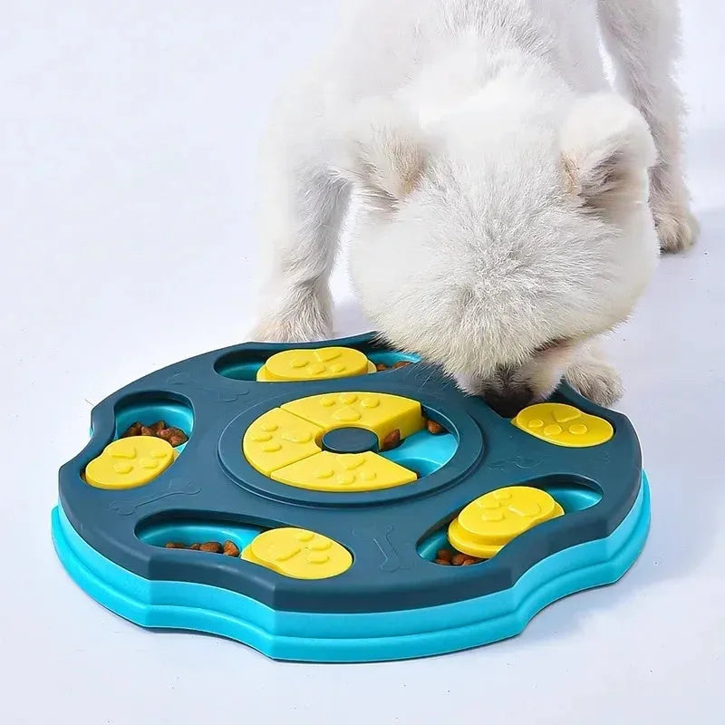 Blue plastic dog puzzle feeder toy with interactive food searching compartments for aggressive chewers
