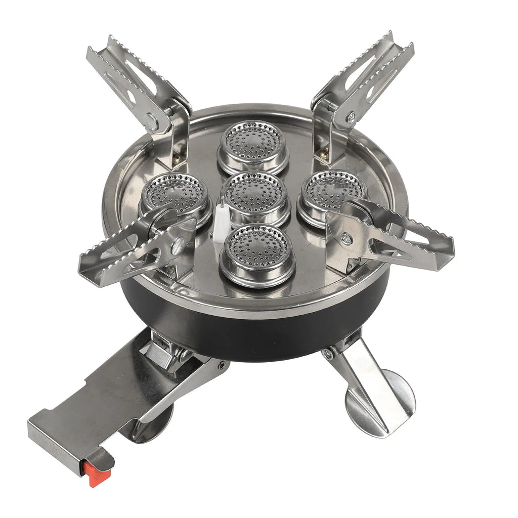 Silver portable stainless steel split camping stove shown unfolded with a 100cm fuel hose.