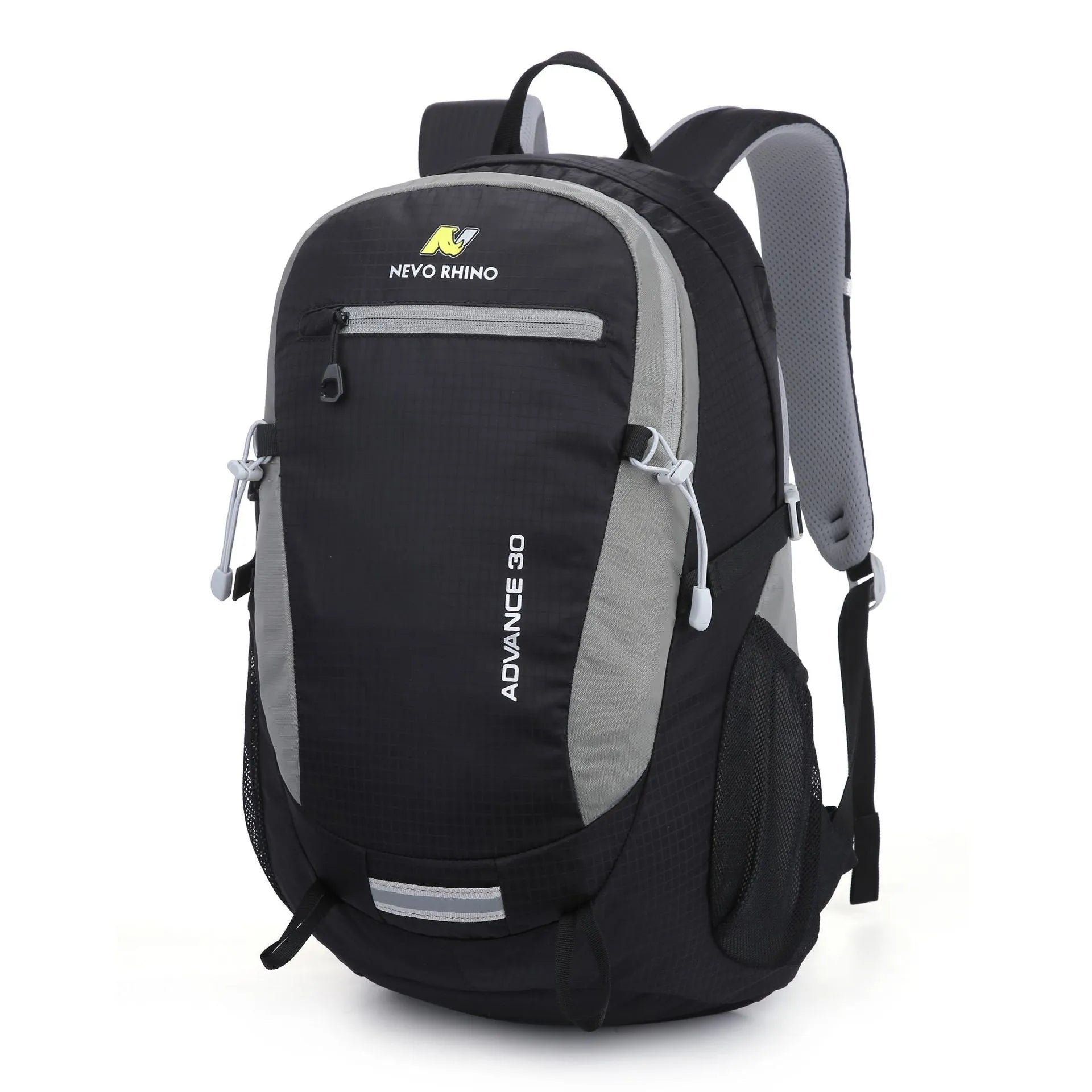 30 litre dark green nylon outdoor backpack with airpillow straps on a grey background.