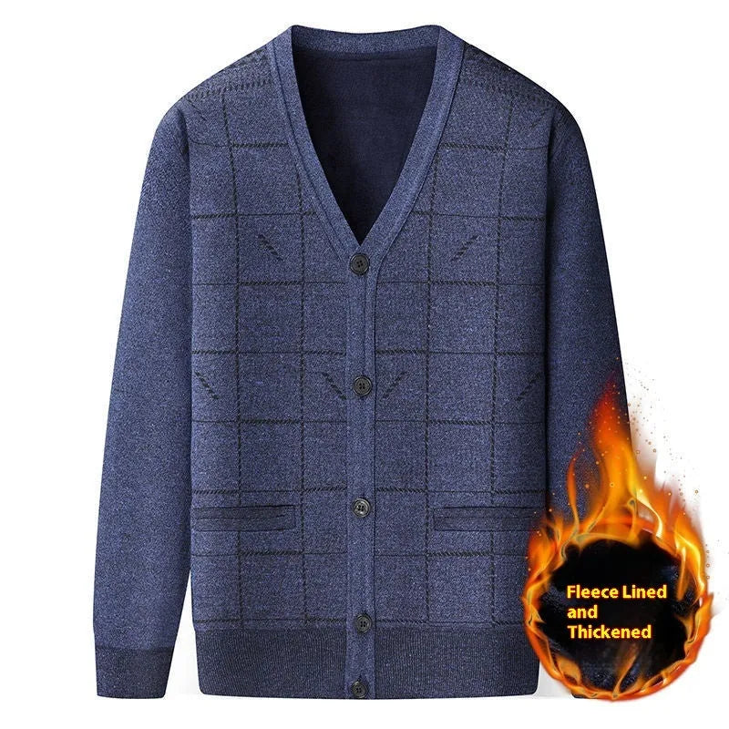 Men's grey wool-lined cardigan with batwing sleeves on a hanger