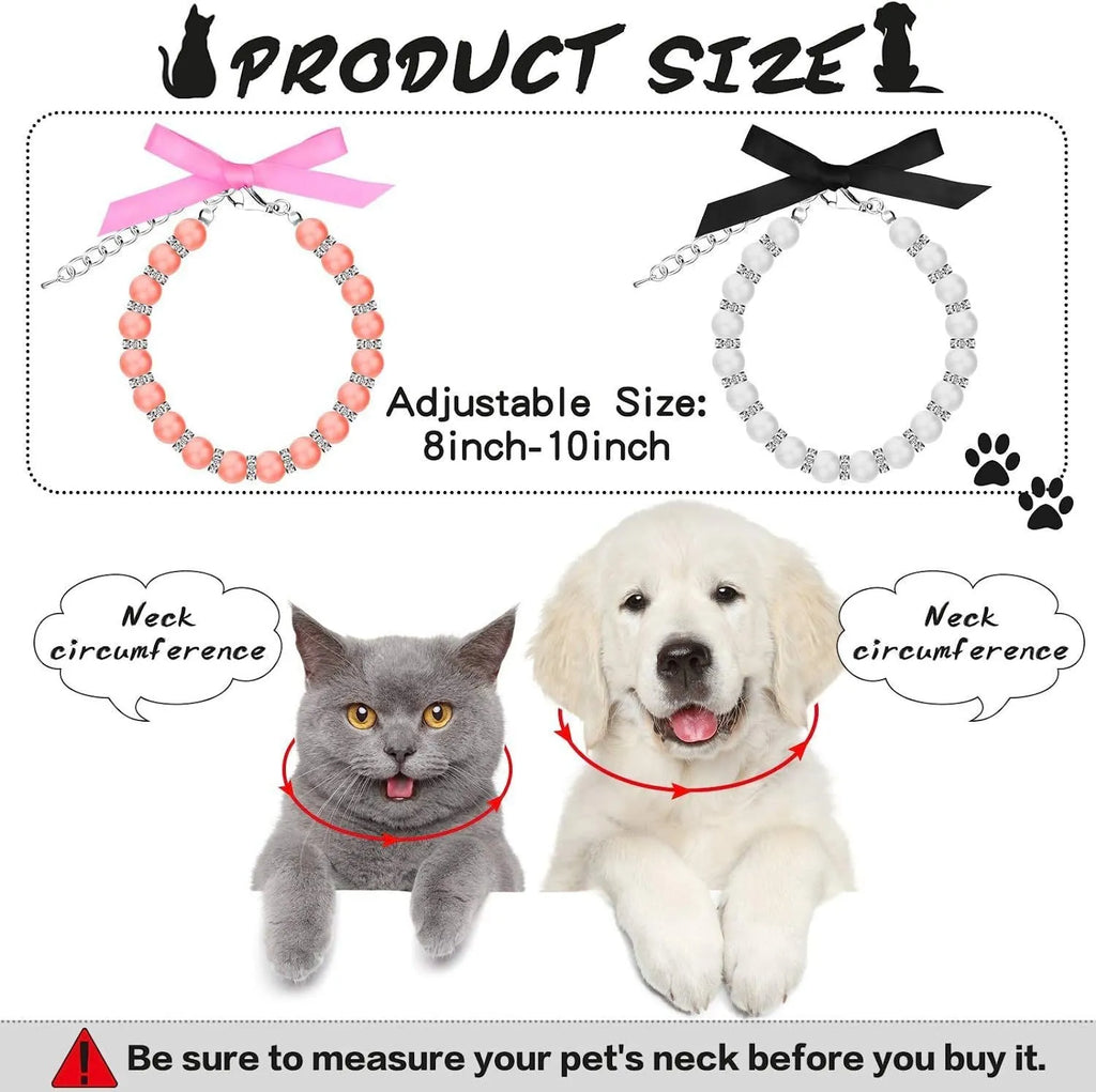 Small dog wearing adjustable pearl and rhinestone necklace with ribbon bow collar