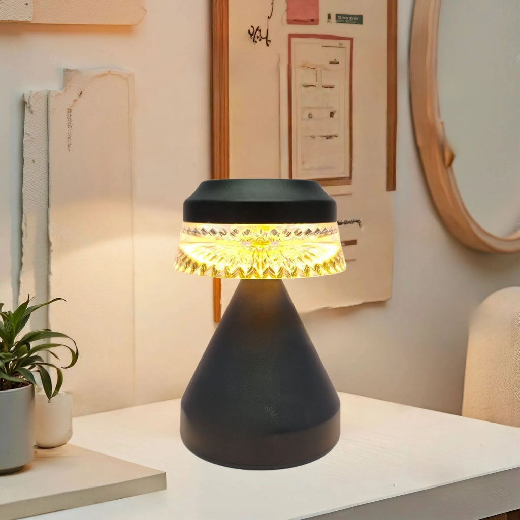 Black, brown, and orange USB-powered LED night lamp with electrodeless dimming on a surface.