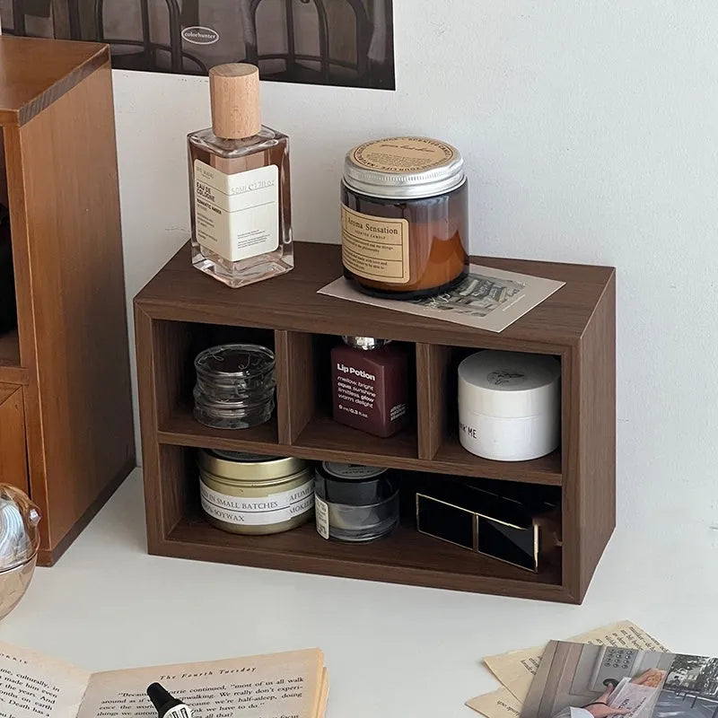 Retro wood desktop grid storage box – short four-cell tray with wooden surface