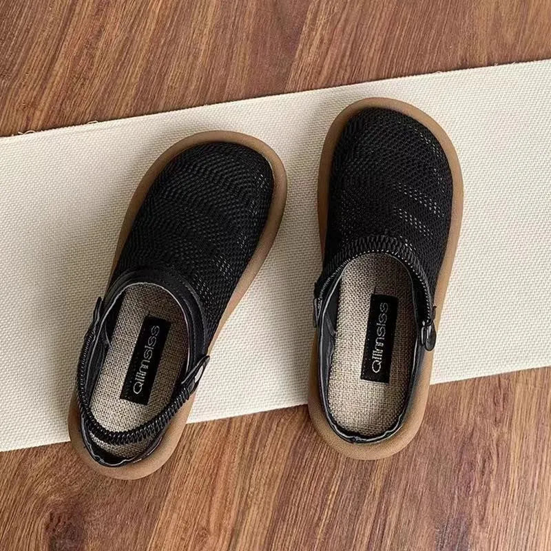 Beige linen slip-on shoes with a round toe and breathable mesh lining on a soft rubber sole.