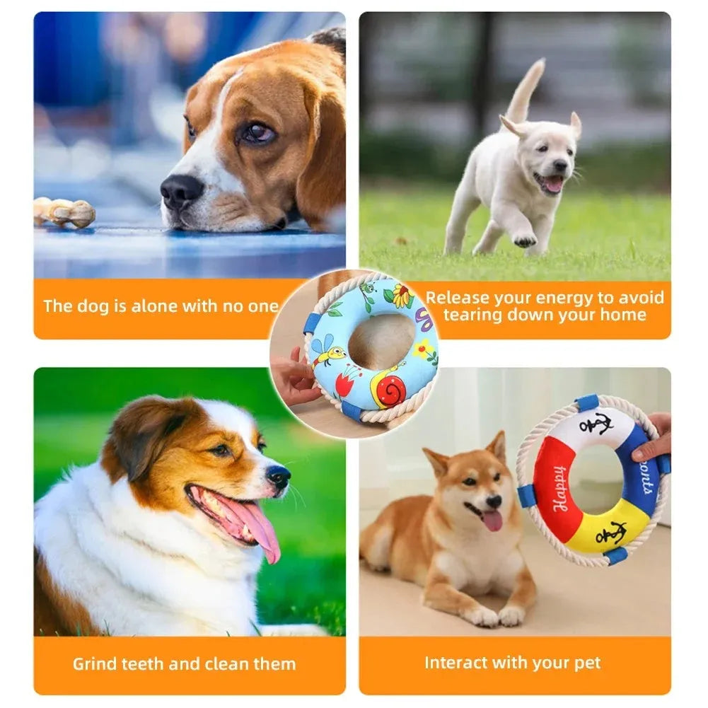 25cm diameter soft plush dog pull ring toy with squeaker for fetch games and chew training