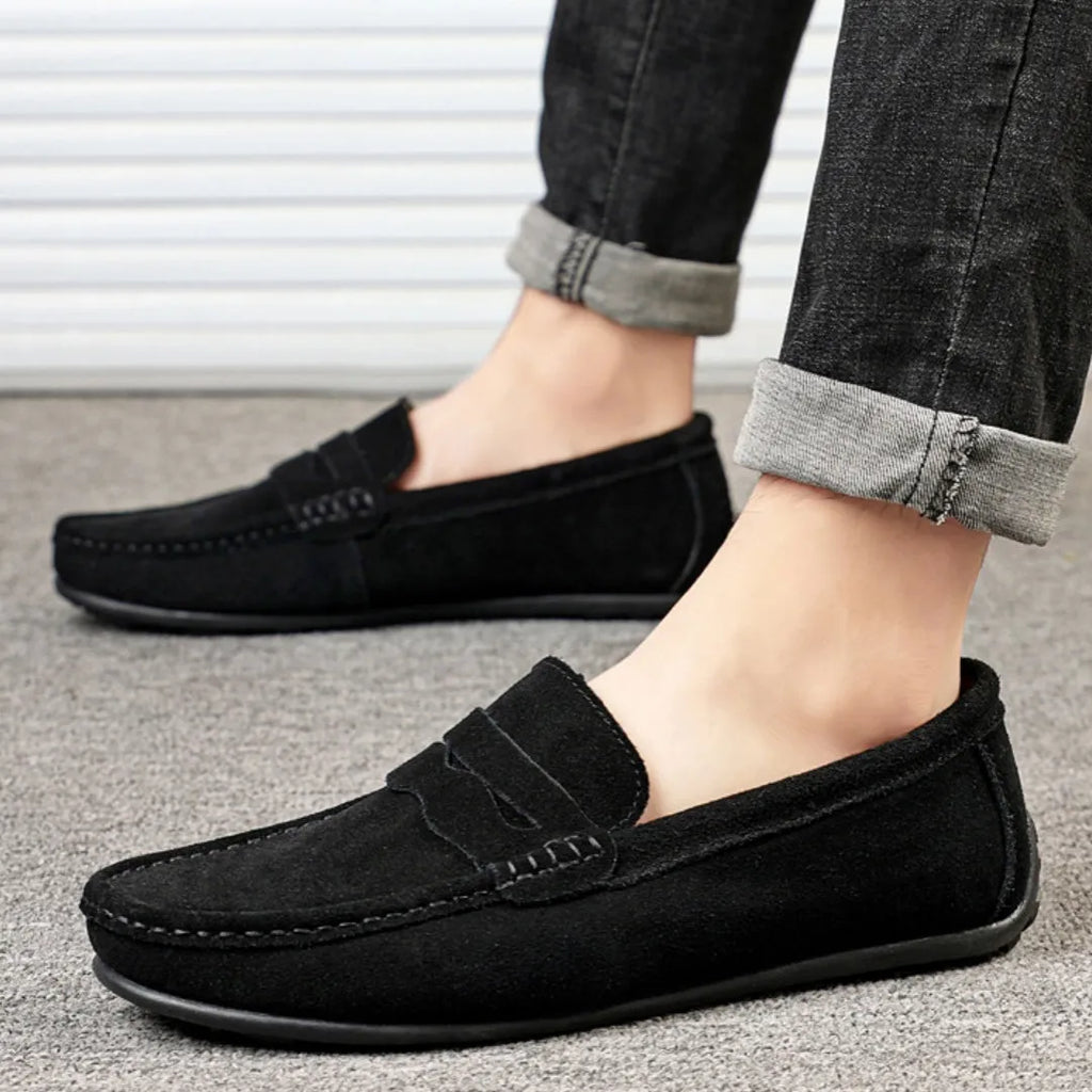 Men's suede leather loafers in solid colour with round toe and flat heel design