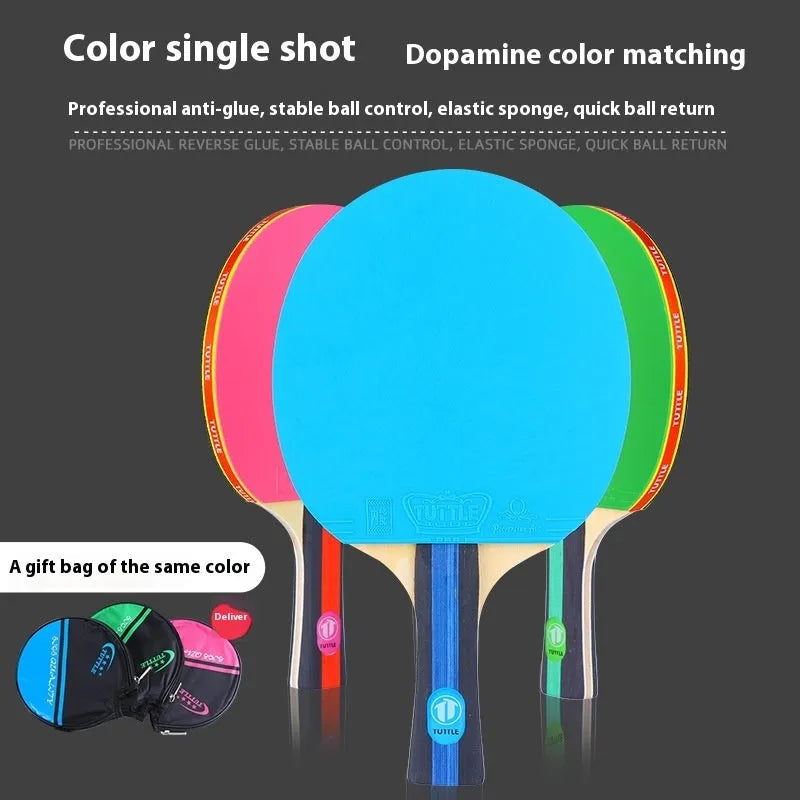 Colourful pure wood table tennis racket with a long handle for shakehand grip, shown with its matching protective cover bag.