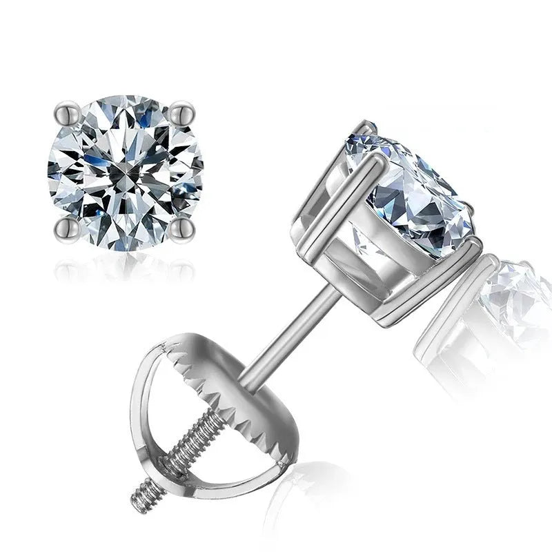 Silver geometric four claw moissanite screw-back stud earrings for women, shown with certificate.
