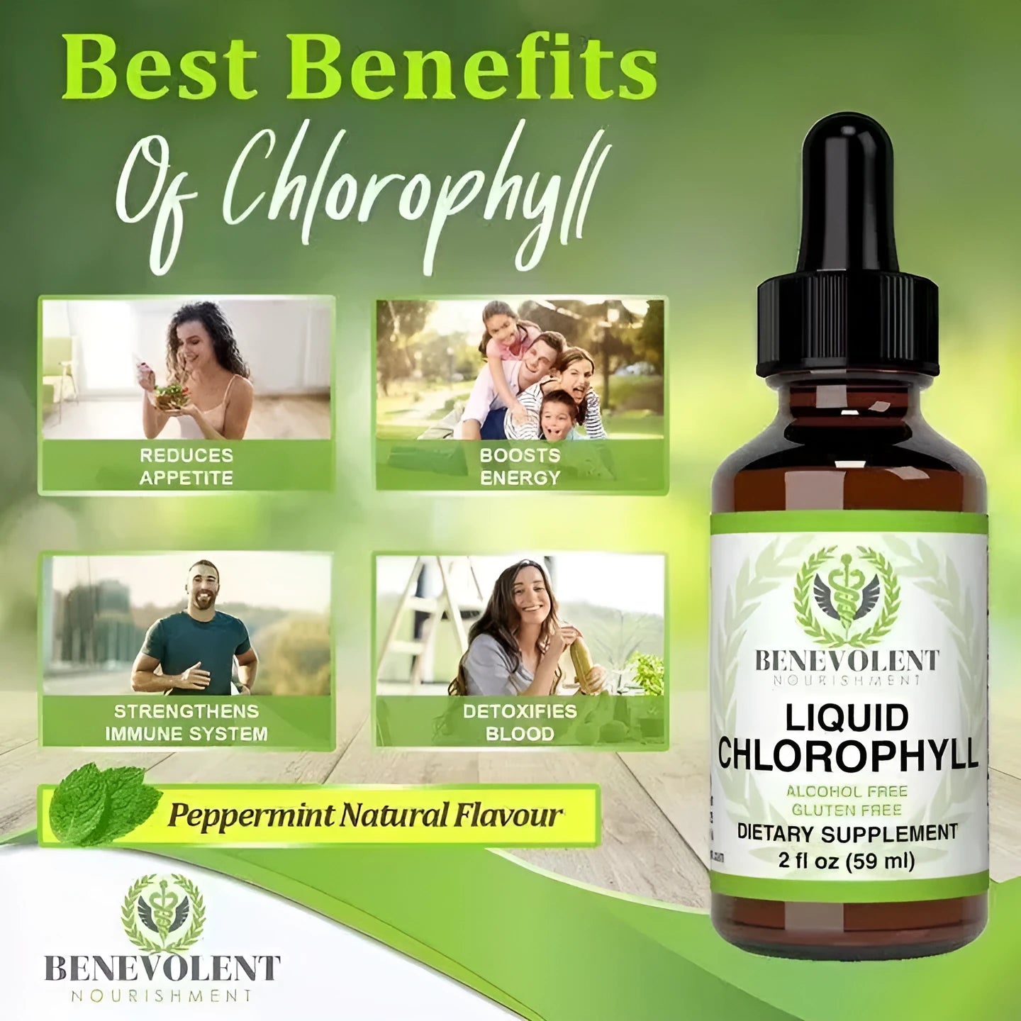 60ml bottle of natural liquid chlorophyll drops for adults with dropper