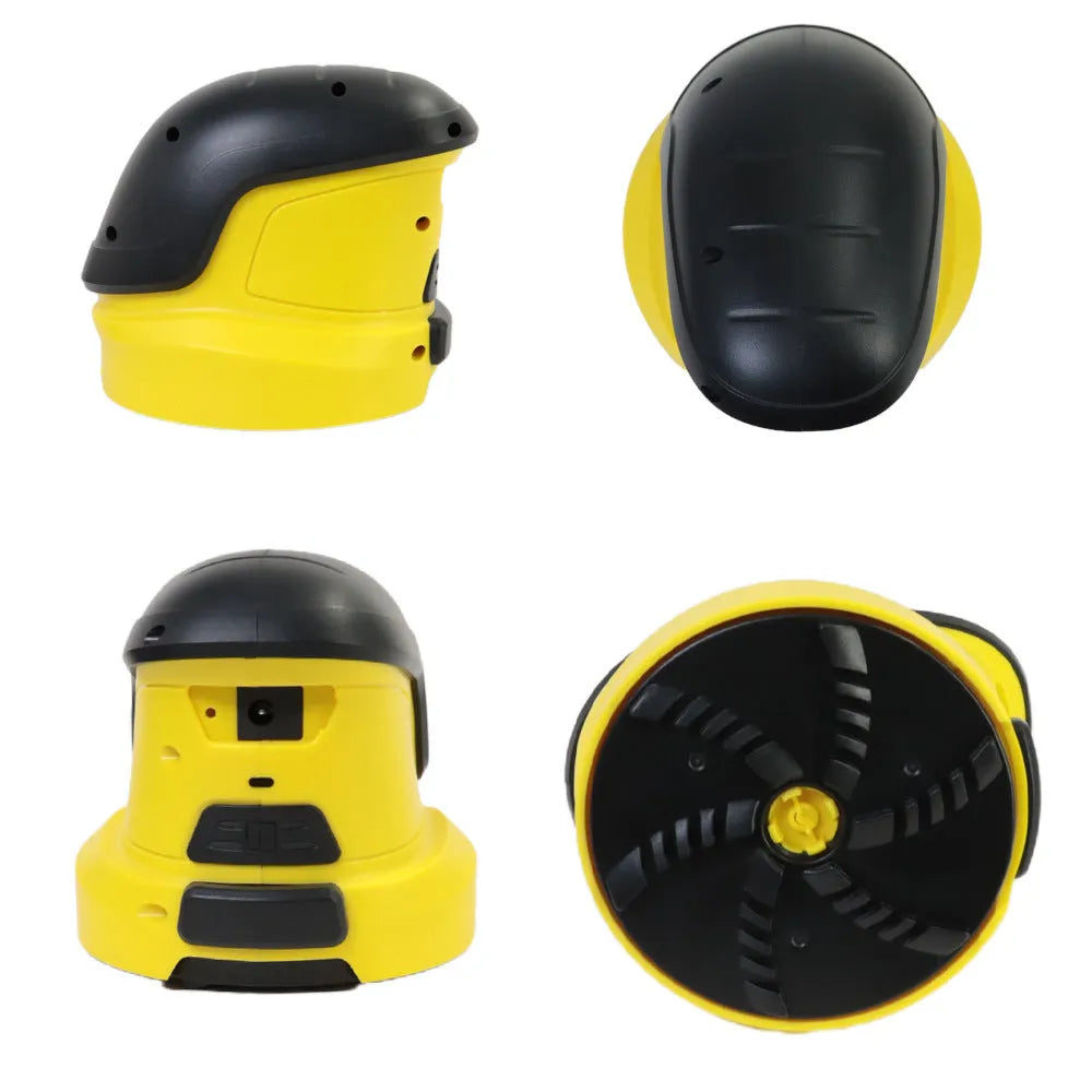 Yellow cordless electric ice scraper with funnel-shaped head next to a USB charging cable.