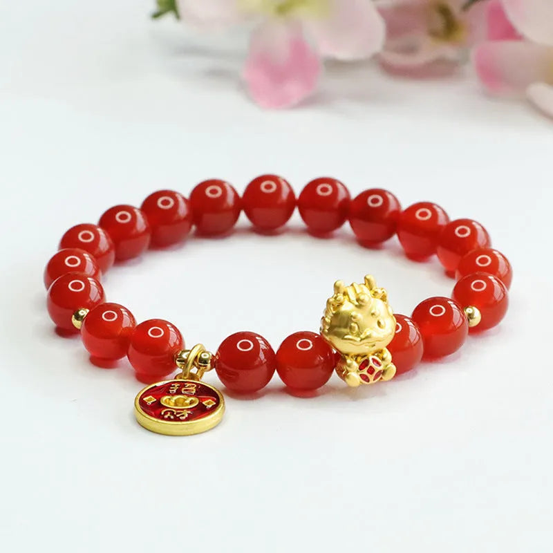 Red agate zodiac dragon bracelet with 8mm Chinese style beads for birth year symbolism