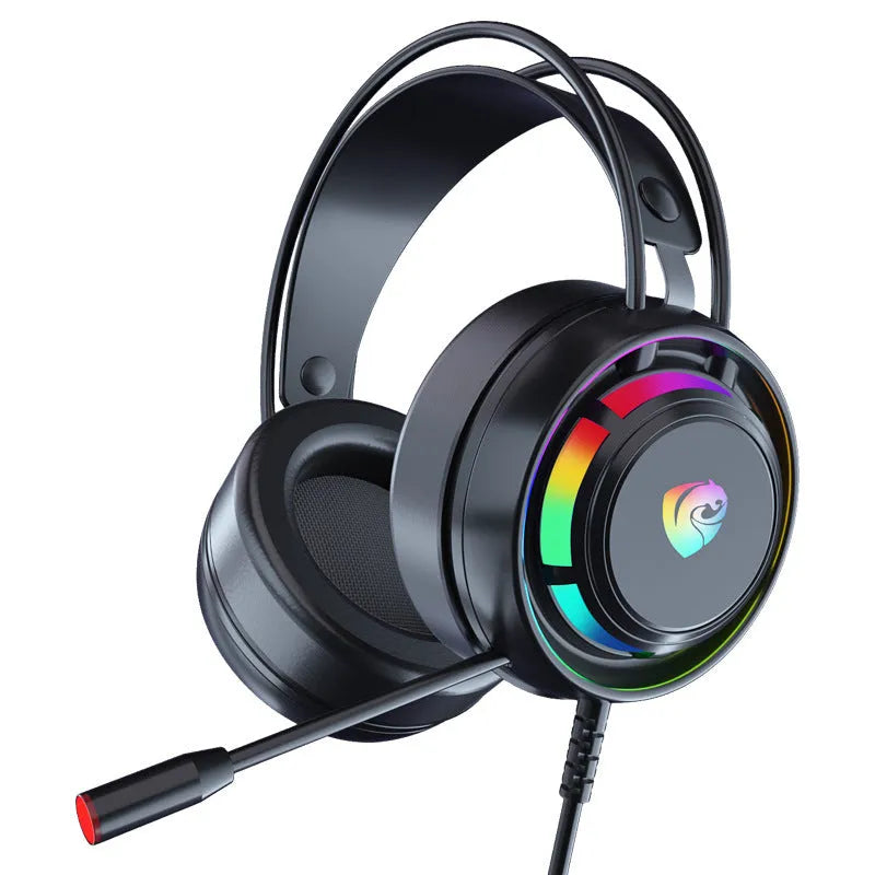 Black wired over-ear computer headphones with a microphone and a choice of 3.5mm or USB plug.