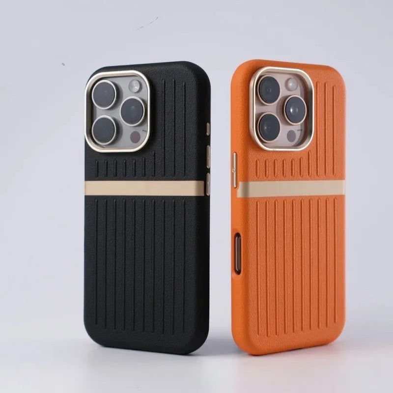 Corrugated magnetic phone case in black with frosted imitation leather finish for IPhone 15.