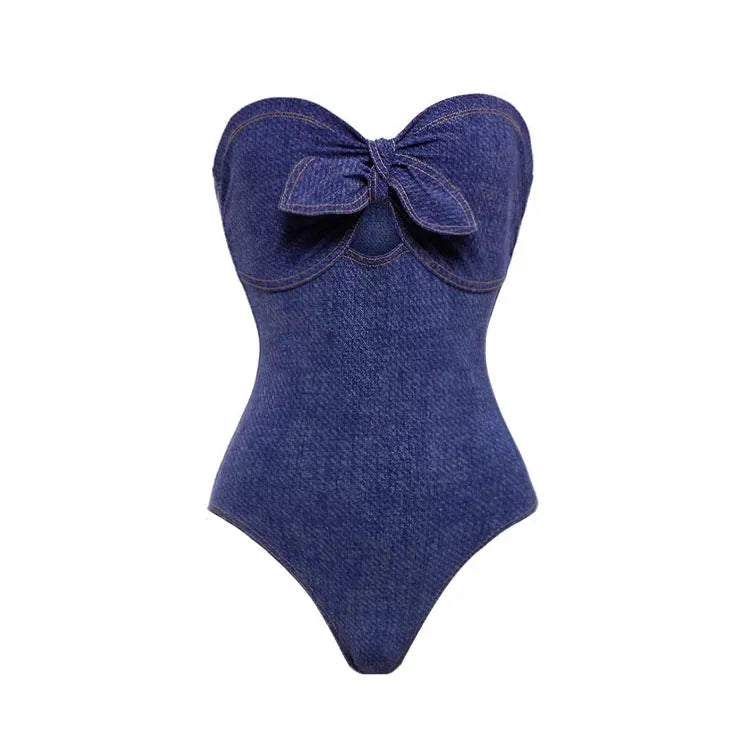 Women's vintage denim style one-piece swimsuit with matching skirt in Y258 colour