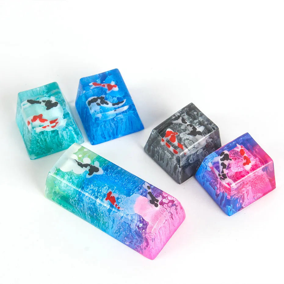 Handcrafted resin keycap with koi fish and pond scenery for Cherry MX keyboard switches.