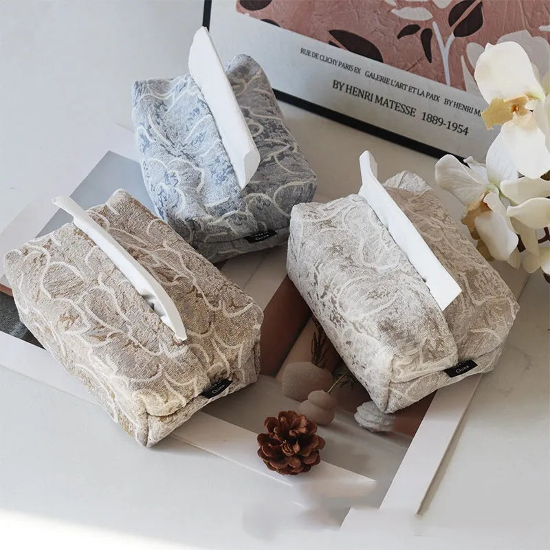 Chinese pastoral style cotton fabric tissue box cover in floral design on a table