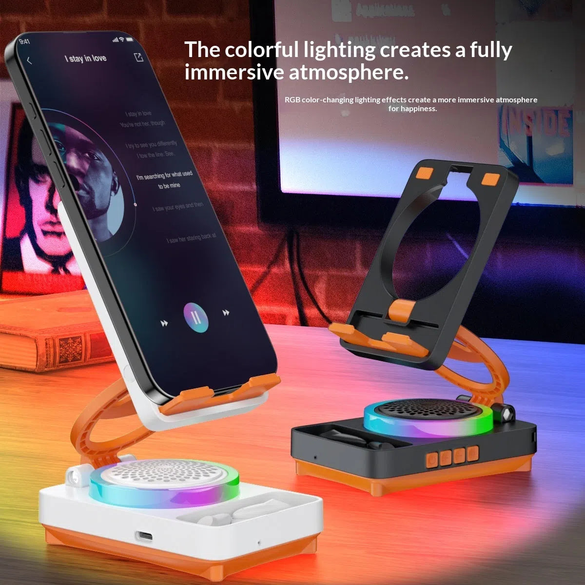 TF27BOX multifunctional mobile phone holder in black with built-in speaker and phone placed in cradle