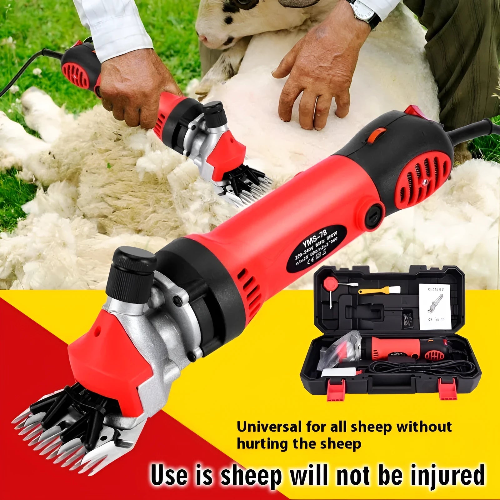 Yellow electric wool shearing machine with 13-tooth cutter and accessories kit for 110V outlet.