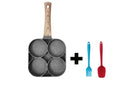Aluminium four-hole non-stick frying pan with bakelite handle, silicone spatula, and oil brush