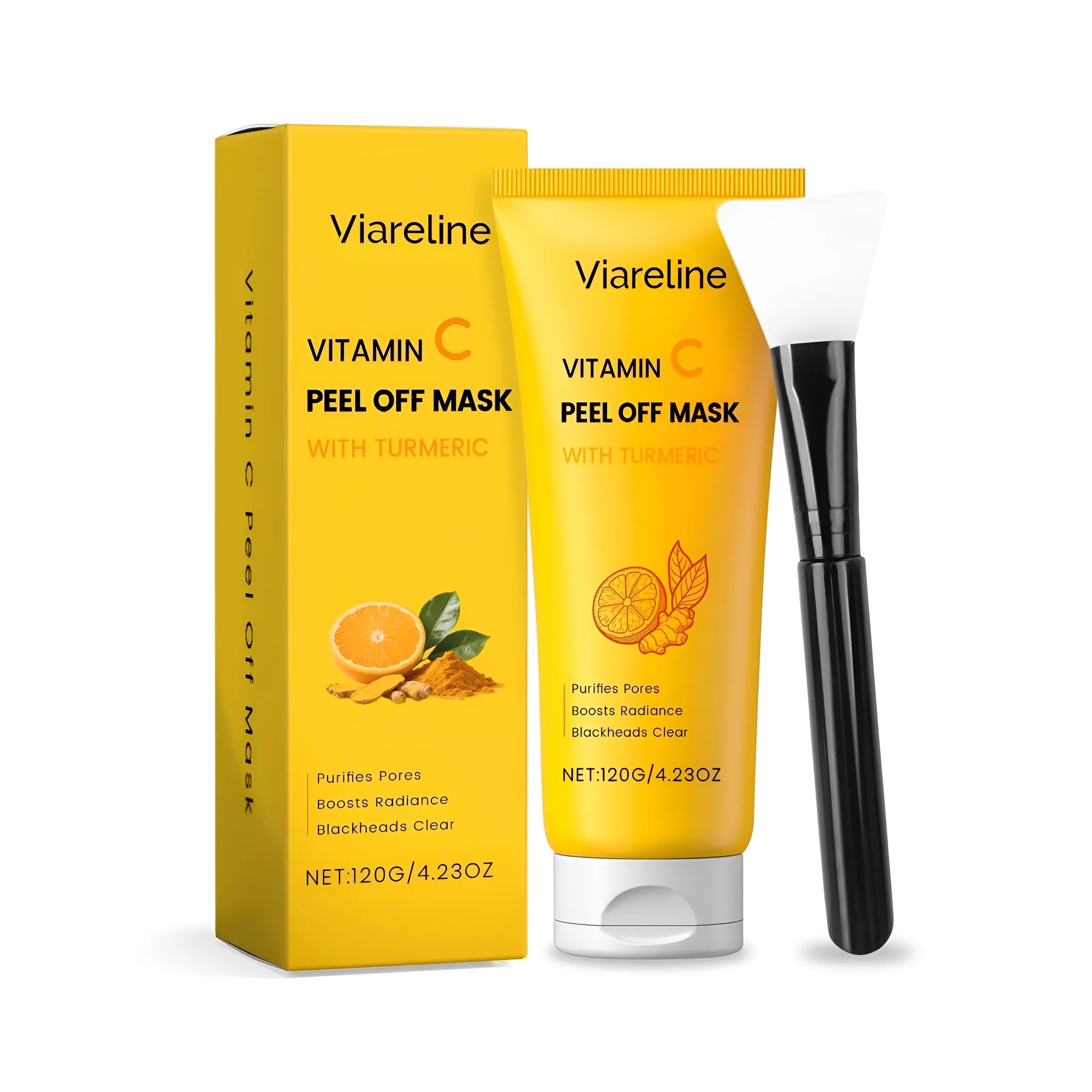 Vitamin C peel off mask 120g jar with brush next to it on white background