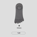 Men's five-finger cotton invisible socks in black, grey, khaki and white colours showing toe separation
