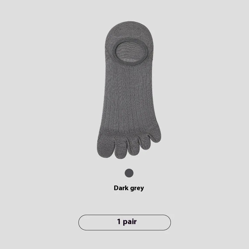 Men's five-finger cotton invisible socks in black, grey, khaki and white colours showing toe separation