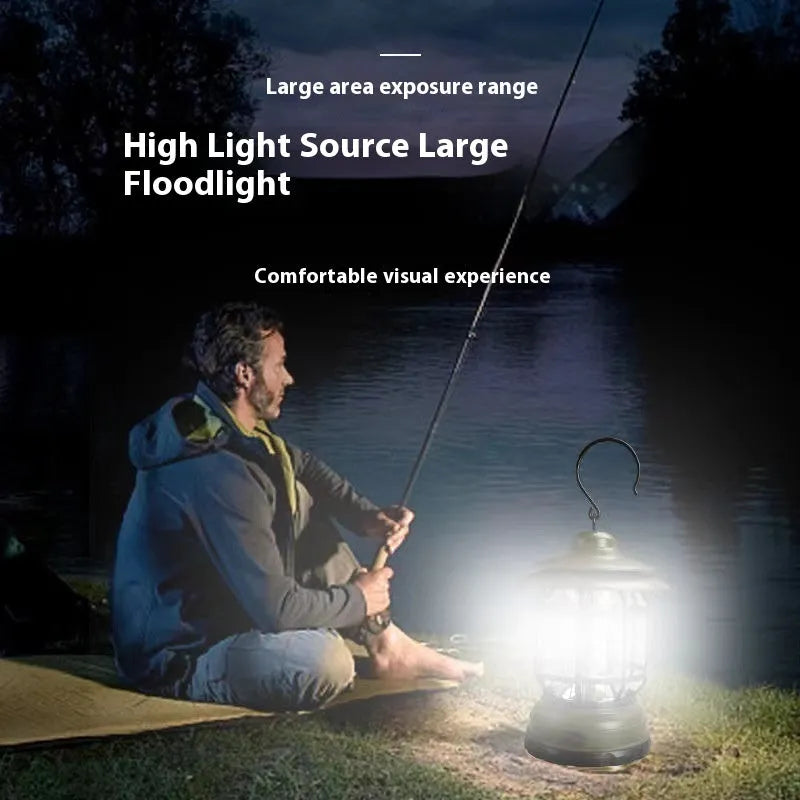 Dark green portable camping lantern with head strap, shown as a headlamp and standalone light for booths.