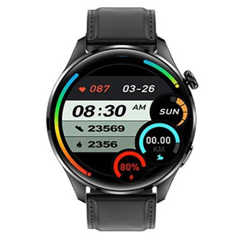 Smart watch with round colour touchscreen showing interface, available with black or silver silicone or steel straps