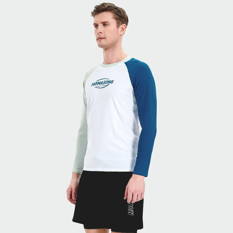 Men's white long-sleeved swim top with matching double-layer swimming trunks for water sports