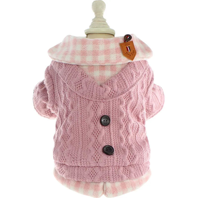Blue plaid fleece-lined dog sweater with fake two-piece design on small dog