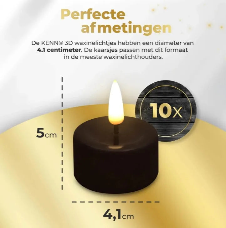 Four matte black LED tealight candles showing height and diameter next to a measurement ruler.