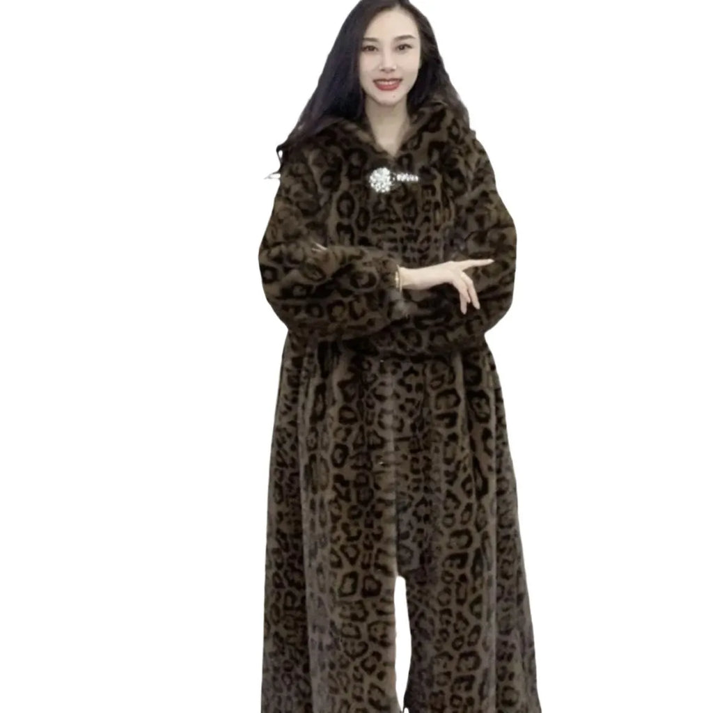 Long brown leopard print faux fur coat on a hanger, showing its loose fit and regular sleeves.