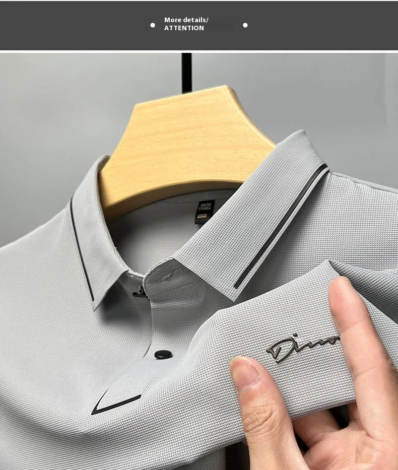 Men's ice silk short sleeve polo shirt in khaki with shirt collar, loose fit summer top