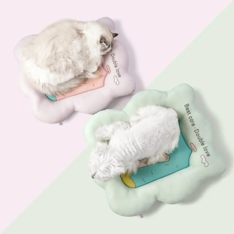 Green and pink ice silk pet cooling mats showing four size options for dogs and cats