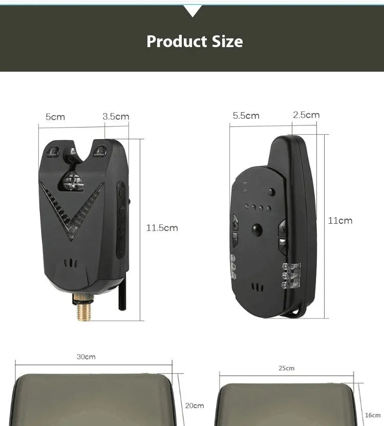 Wireless fishing electronic bite alarm unit with ABS casing for multi-rod monitoring.