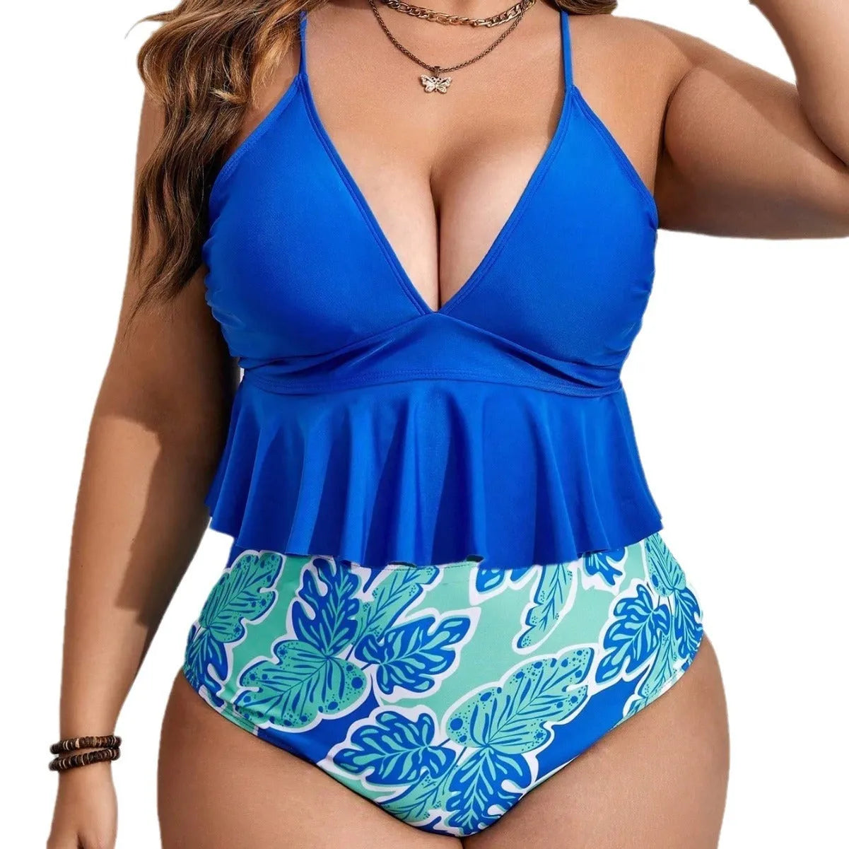 Blue plus size polyester bikini set with top and shorts in European American sizing