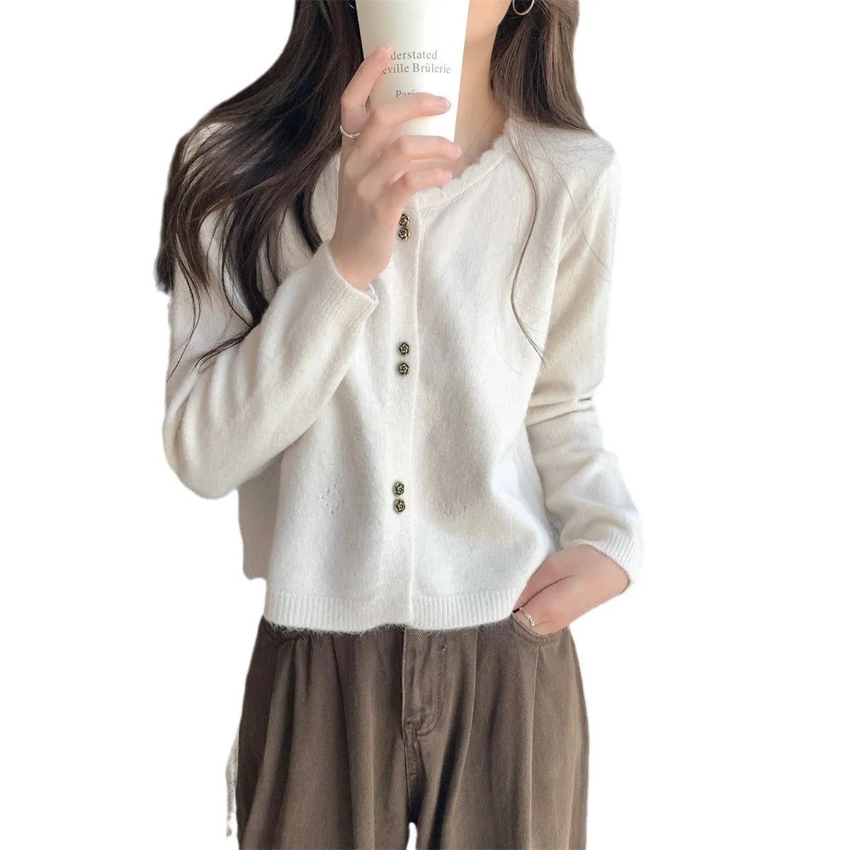 Women's long-sleeved acrylic cardigan coat in milky white, shown in a free size regular fit.