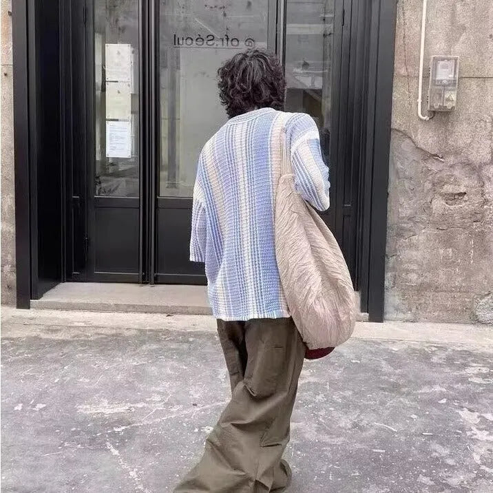 Cotton blend contrast colour short sleeve cardigan shirt for men in blue loose fit summer style