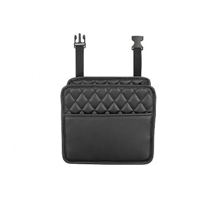 Black leather hanging storage bag for car interior, shown with dimensions