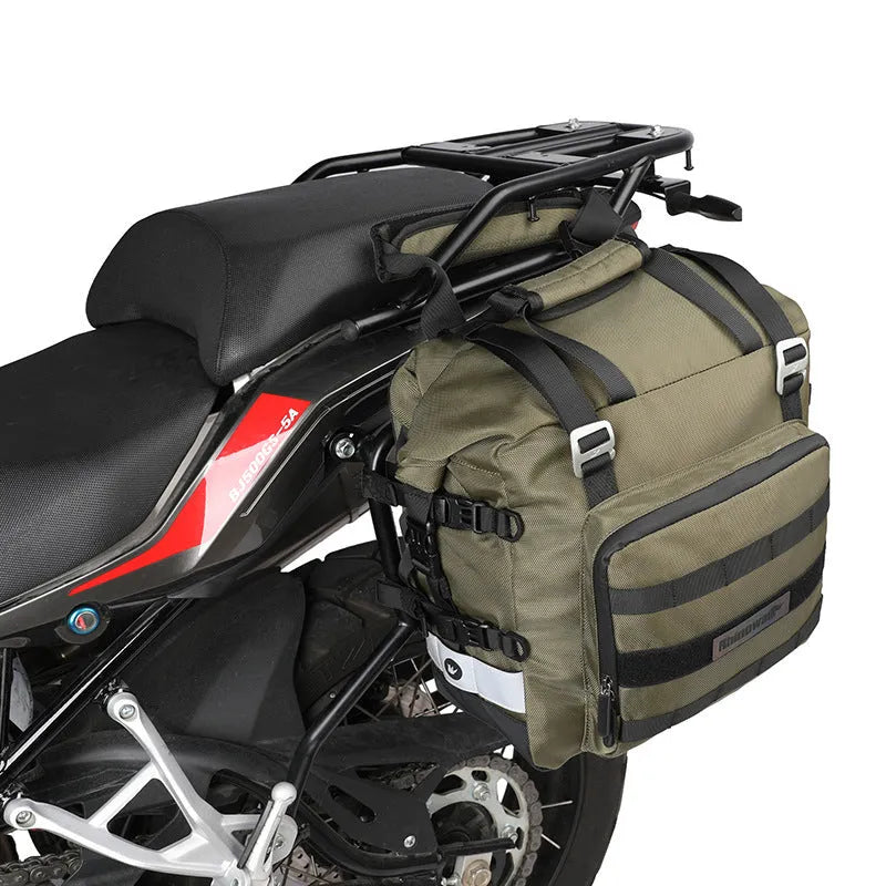 20L quick release motorcycle side bag in polyester, shown in army green and black colour options